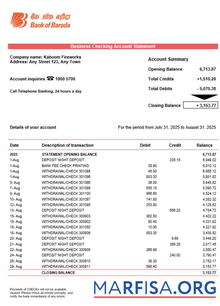 Blank Bob Bank of Boroda firm account statement Word and PDF template